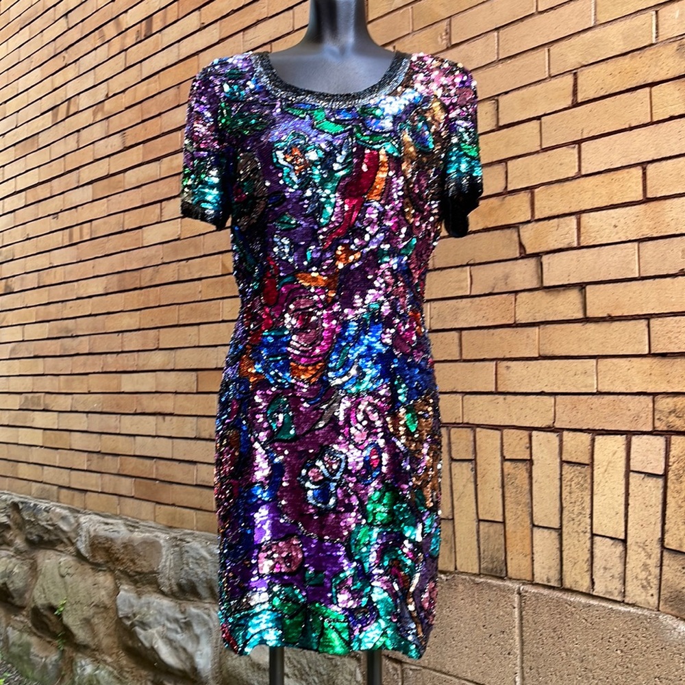 Vintage 90’s Black Tie by Oleg Cassini Sequin Silk Mosaic Dress Size 8